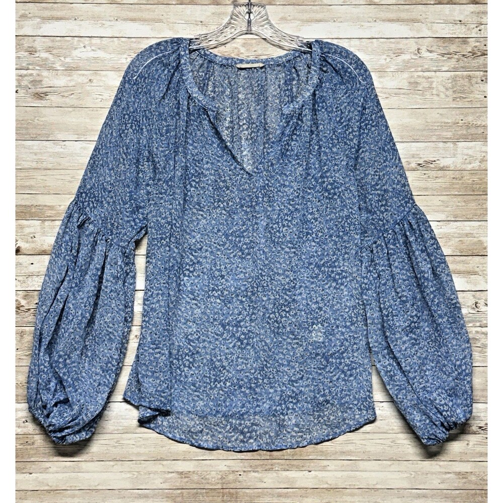 Lovestitch Boho Blue Floral Balloon Sleeve Split Vneck Peasant Blouse Top Size L